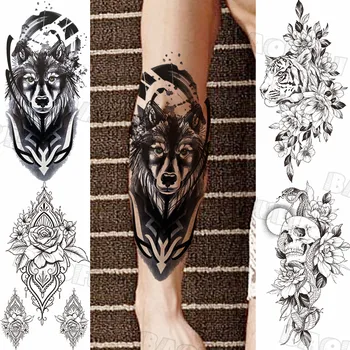 Geometrice Lup Tatuaje Temporare Pentru Barbati Femei Tiger Rose Șarpe Craniu Realist Fals Tatuaj Body Art, Pictura Jumătate Maneca Tatuaje