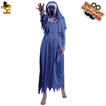 Halloween Zombie Călugăriță Costum Adult Purim Hainele Petrecere În Costume Femei Albastru Alb De Groază Lung Rochie Fancy Costume