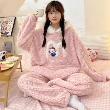 Hellokitty De Pluș Cu Gluga Pijamale Anime Sanrio Iarnă De Sex Feminin De Desene Animate Drăguț Îngroșat Dulce Cald Liber Casual Acasă Set De Pijama
