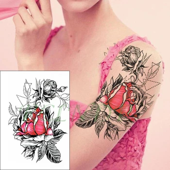 Impermeabil Tatuaj Temporar Sticker trandafir rosu floare frunze geometrice triunghi tatuaje Tatuaj Fals Flash Tatuaj pentru Fete Femei Barbati