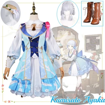 Joc Anime Genshin Impact Kamisato Ayaka Nou Piele Cosplay Costum Ayaka Costum Nou Springbloom Misiva Rochie, Palarie Cu Peruca Pantofi