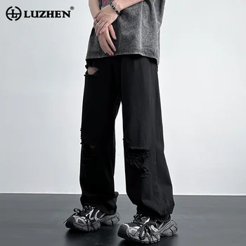 LUZHEN 2024 Primăvară Elegant Original Rupt Gaura Wornout de Proiectare Vrac Denim Pantaloni pentru Bărbați de Înaltă Stradă la Modă Blugi Drepte D2f880