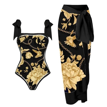 Lanț De Aur De Lux Floare De Imprimare De Costume De Baie Cu Talie Înaltă Femei 2023 Suspensor One Piece Bikini Flotari Acoperi Căpăstru Sexy Beachwear