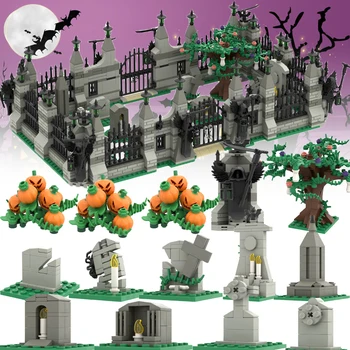 MOC Halloween Naiba Cimitir Blocuri Oraș de Perete Ușa Fantomă Cifre Schelet Iarba Copac Dovleac Bat Cărămizi de Jucărie Prietenii Cadou