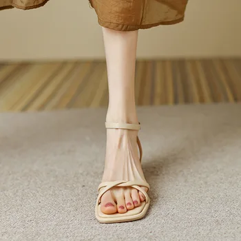 Microfibra Femei Din Piele Glezna Curea Sandale Mid Pantofi Cu Toc Catarama Tocuri Groase Doamnelor Încălțăminte De Vară Caise 40 De Sandale De Sex Feminin