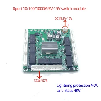 Mini PCBA 8Ports Networkmini ethernet module 10/100/1000Mbps 5V-15V protecție la Trăsnet 4KV, anti-static 4KV