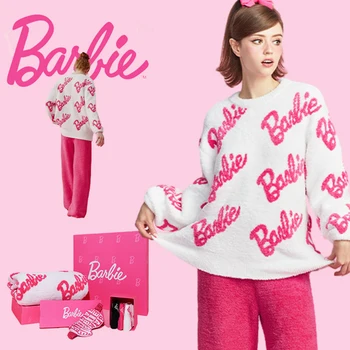 Miniso Barbie Fete Femei Pijamale Flanel Kawaii Scrisoare De Corali Catifea Îmbrăcăminte De Noapte O-Gât De Înaltă Calitate Doamnelor Cald Iarna Sleepwear