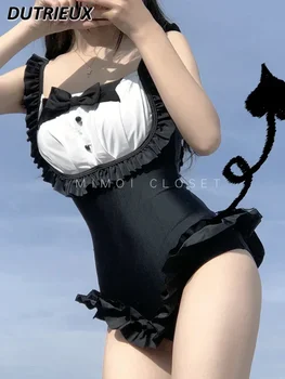 Negru Costum de Servitoare Lolita Pad Piept fără Mâneci O-Bucată de costume de Baie Pura Dorinta de Litoral de Primăvară Fierbinte Costum de baie pentru Femei