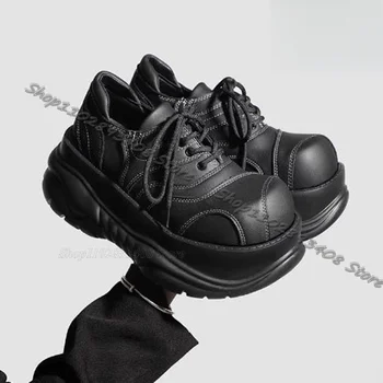 Negru Dantelă-up Muffin Jos Pompe Rotund Toe Tocuri inalte Stilul Punk Pantofi Toamna Design pentru Femei Pantofi de Moda Zapatos Para Mujere