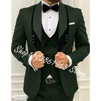 New Sosire Masculin Costume Slim Fit 3 Piese Șal Rever Culoare Verde Închis Bărbați Clasic De Nunta Costume De Mire Sacou+Vesta+Pantaloni De Costum Homme