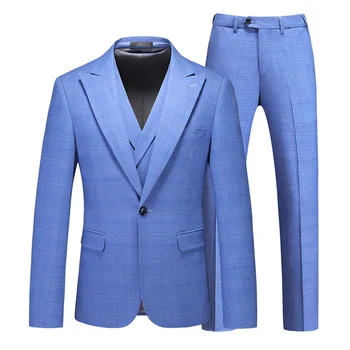 Noi 2023 Bărbați Costum Carouri Albastre Set Afaceri Slim Fit Mirele Rochie de Mireasa Costum din Trei Piese, Top+Pantaloni+Rezervor de Top