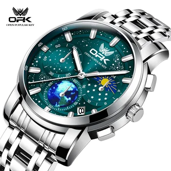 OPK 8142 Vânzări la Cald Cuarț Ceasuri pentru Barbati cadran Creativ Cerul Înstelat de Afișare faza de Luna din Oțel Inoxidabil Impermeabil Mens Watch