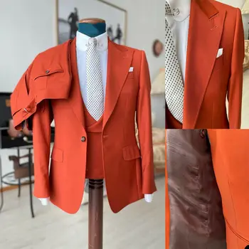 Orange Munca Purta Costum Bărbați Croitor-A Făcut 3 Piese Sacou Vesta Pantaloni Un Singur Buton Se Potrivesc Slim Formale De Afaceri De Cauzalitate Gazdă Adaptate