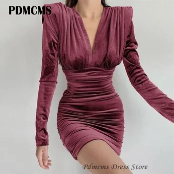 PDMCMS Sexy Catifea Dusty Rose Încreți Scurte Rochii de Partid Elegant Mâneci Lungi Rochii de Seara Teaca Mini Rochie de Bal V Gâtului Personalizat