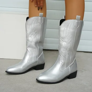 Pantofi pentru femei pe Vânzare 2023 Înaltă Calitate Maneca Femei Cizme de Iarna a Subliniat Deget de la picior Solid Broderie Țeava de Mijloc Toc Low Rider Boots