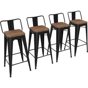 Scaune de Bar Scaune de Bar Set de 4 Bucătărie Înălțime scaune de bar din Lemn Scaun de Metal din Spate Scăzut Bar Scaune Negru Mat Mobilier