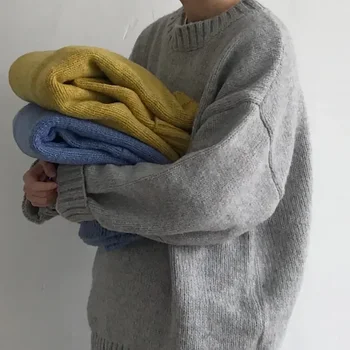 Stil coreean New Retro Pulover de Culoare Solidă Plus Dimensiune Bărbați Pulover de Lână Cald Iarna Versatil Cuplu Gât Tricotate de Sus