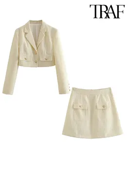 TRAF Bej Tweed Blazer pentru Femei Costume 2023 Toamna Nasturi Maneca Lunga Slim Crop Top Office Sacou Feminin Fusta Mini Seturi