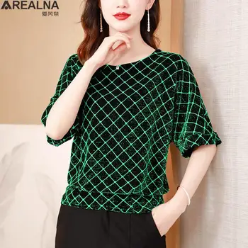 Tunica carouri t shirt pentru femei 2023 vara Supradimensionate elastic de Moda Elegant Lucios cu Paiete verde t-shirt Geometrice Sclipici Topuri