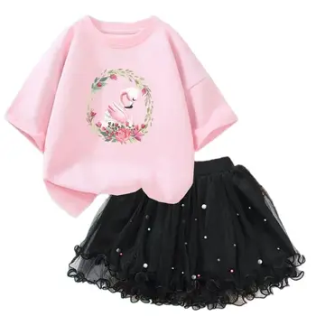 Vara Haine de Copii Floare Flamingo T Shirt & tutu Ochiurilor Fusta Două Bucata Destul coreean Little Girls Îmbrăcăminte Set de Haine de Moda