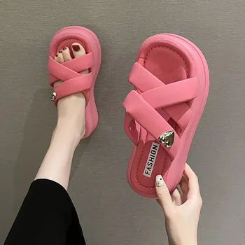 Vara Papuci de Femei Pantofi Platforma pentru Femei a Crescut Papuci de casă Rotund Toe Sandale Casual Culoare Solidă de Pantofi de Moda Pantuflas