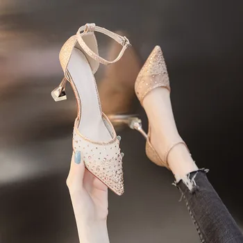 Vara nou stil de argint stras cuvânt catarama ascutit toc de mireasa pantofi de nunta banchet rochie all-meci femeie sandale