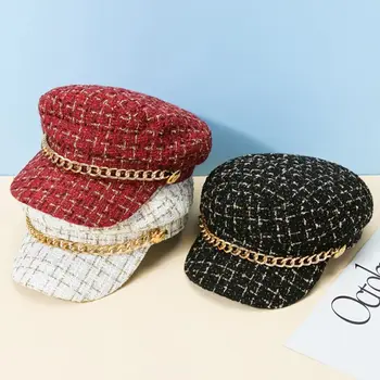 Vintage Elegant Stil Coreean Lanț De Metal Pentru Fete Ține De Cald Artist Pălărie Carouri Bereta Femei Viziere Capac Pictor Pălărie Capac Octogonal