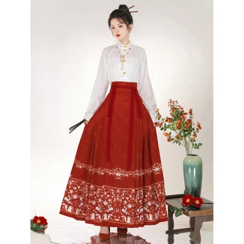 Vintage Hanfu Față De Cal Fusta Femei Chineză Tradițională Hanfu Stand Guler Cardigan Tricou Negru Rosu Pliuri Fusta MaMian Rochie