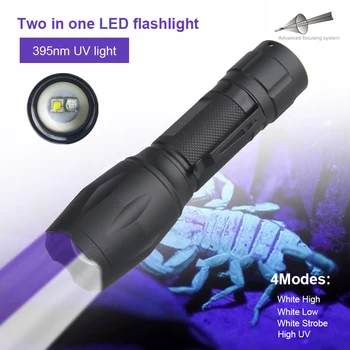 Zoomable 395nm UV Ultraviolete Blacklight+L2 LED Alb Bec Lanterna 2 in 1 Scorpioni Lanterna Bani Controlați Lumina Violet Linterna